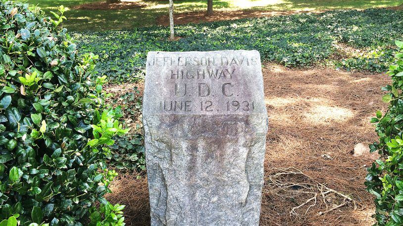 A marker for the Jefferson Davis Highway, seen here in 2017, used to stand at the corner of East College Avenue and South McDonough Street at the edge of the Agnes Scott campus. The marker was removed earlier this year. (Photo: Pete Corson)