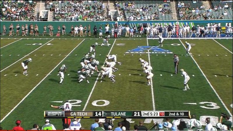 Tech is in a standard 4-3 alignment with KeShun Freeman at left end, Adam Gotsis at defensive tackle, Shawn Green at nose tackle and Roderick Rook-Chungong at the right end. From left to right, Tyler Marcordes, Quayshawn Nealy and Paul Davis are at linebacker. Tulane is in a single-back, double-tight end alignment.
