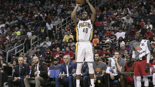 Indiana Pacers guard Glenn Robinson III (40) shoots a 3-point shot during an NBA basketball game against the Atlanta Hawks, Sunday, March 5, 2017, in Atlanta. The Pacers defeated the Hawks 97-96. (AP Photo/Branden Camp)