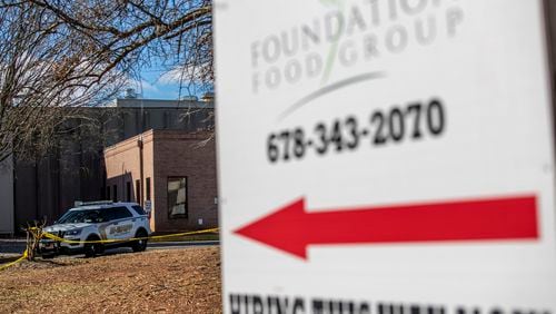 03/02/2021 —Gainesville, Georgia — A Hall County Sheriff’s patrol car sits outside of the Foundation Food Group in Gainesville, Tuesday, February 2, 2021. (Alyssa Pointer / Alyssa.Pointer@ajc.com)