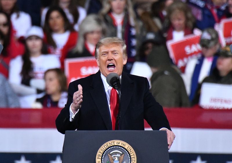 President Donald Trump speaks during Republican National Committee's Victory Rally at the Valdosta Flying Services in Valdosta on Saturday, December 5, 2020. (Hyosub Shin / Hyosub.Shin@ajc.com)