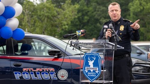 Atlanta Police Chief Darin Schierbaum speaks at a press conference introducing new security patrols in Buckhead on Monday, May 22, 2023. (Arvin Temkar / arvin.temkar@ajc.com)