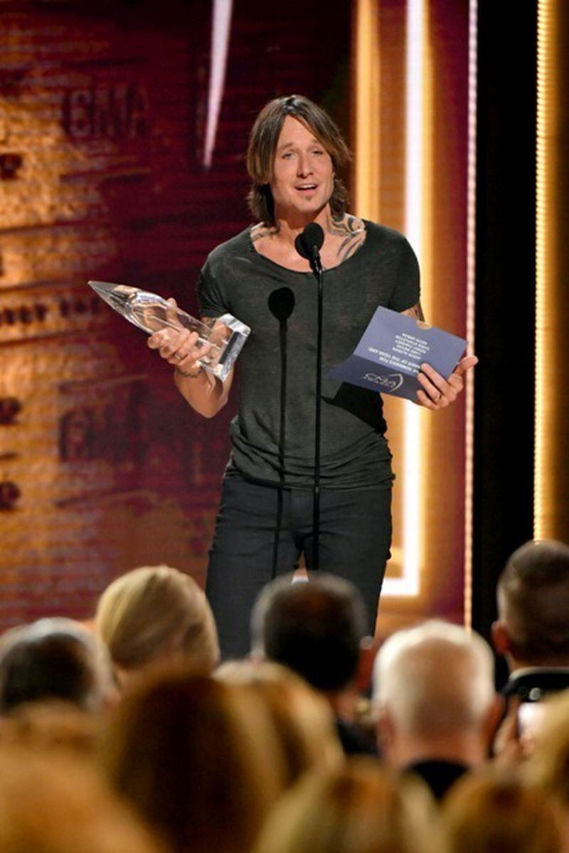 A visibly shocked Keith Urban won Entertainer of the Year at the CMA Awards for only the second time in his career. Photo; Getty Images