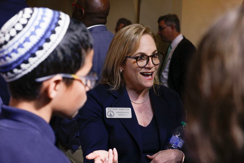 State Rep. Esther Panitch, D-Sandy Springs, is the lone Jewish member of the Georgia General Assembly. She is pictured chatting with students from Atlanta Jewish Academy at the Capitol on Wednesday, February 22, 2023. (Natrice Miller/natrice.miller@ajc.com) 