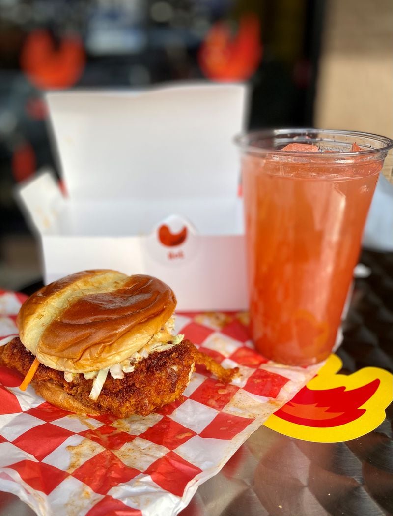 At Scoville Hot Chicken, you can down a glass of the house-made strawberry lemonade with one of the signature Nashville-style chicken sandwiches. Wendell Brock for The Atlanta Journal-Constitution