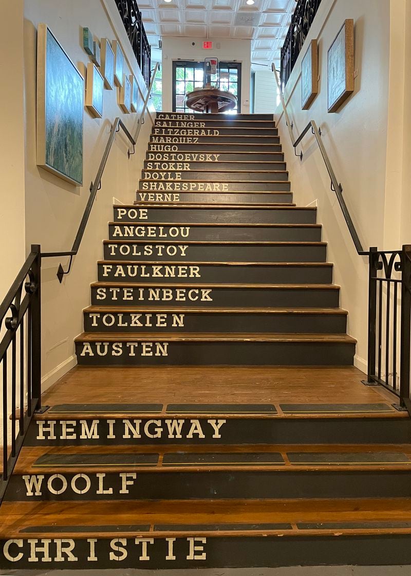 The stairs in Virginia Highland Books have the last names of authors painted on them. Courtesy of Beth Ward