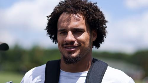 Atlanta Falcons outside linebacker Bralen Trice talks with members of the media during the Atlanta Falcons Rookie Minicamp at the Atlanta Falcons Training Camp, Friday, May 10, 2024, in Flowery Branch, Ga. (Jason Getz / AJC)
