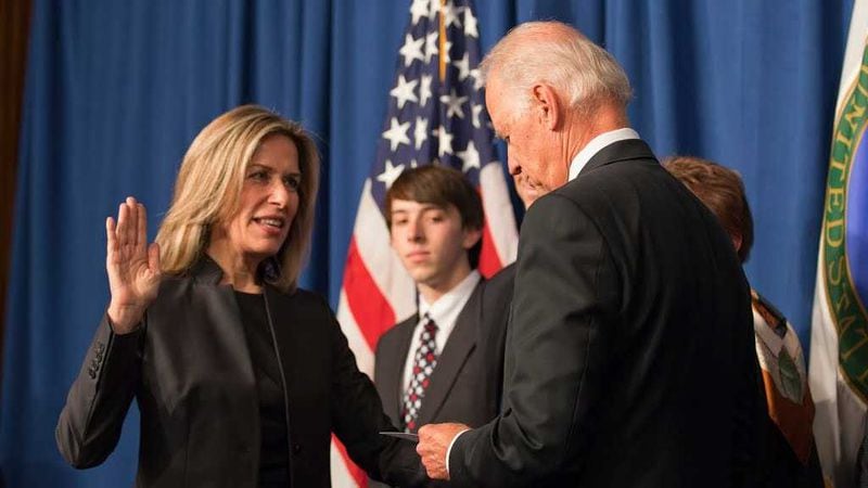 Elizabeth Sherwood-Randall, left, was sworn in as Deputy Secretary of Energy by then Vice President Joe Biden in October 2014. PHOTO CREDIT: U.S. DEPARTMENT OF ENERGY.