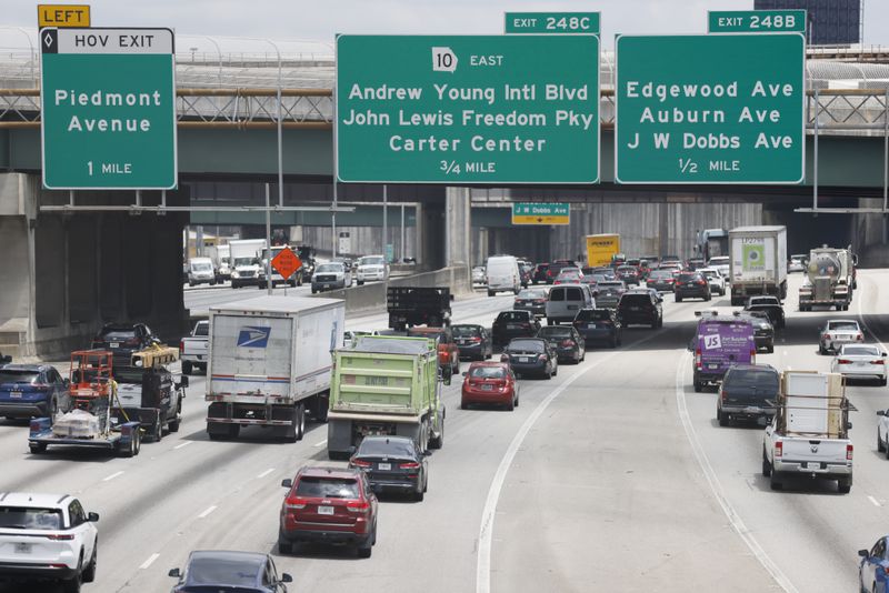 Traffic merges north on I 85 in downtown Atlanta on Monday, May 15, 2023.  
(Miguel Martinez / miguel.martinezjimenez@ajc.com)



