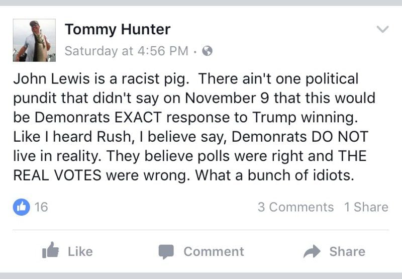 Gwinnett Commissioner Tommy Hunter sent this Facebook post in January. CONTRIBUTED