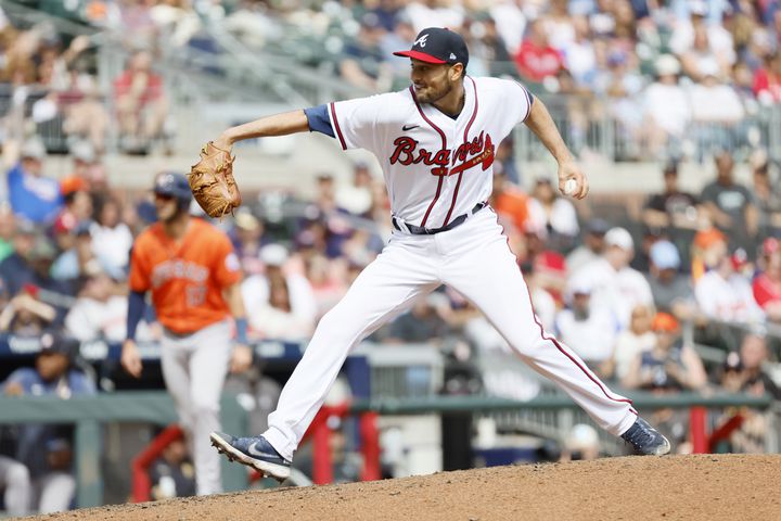 Atlanta Braves relief pitcher Danny Young (65) delivers to a Houston Astros batter in the top of the ninth inning at Truist Park, Sunday, April 23, 2023, in Atlanta. The Braves lost to the Houston Astros 5-2.Miguel Martinez / miguel.martinezjimenez@ajc.com 