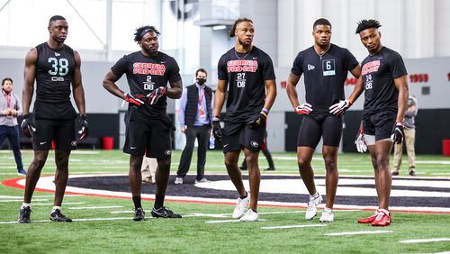 Junior cornerback Eric Stokes (third from left) is one of the most intriguing prospects in this week's NFL Draft. He was one of only a handful of players to record a sub-4.3-second 40-yards dash. Stokes is one of five Georgia defensive backs being considered for NFL rosters. The others include (left to right) Mark Webb, Richard LeCounte, Tyson Campbell and DJ Daniel. They worked out together for NFL scouts at UGA's Pro Day in March. (Photo from UGA Athletics)