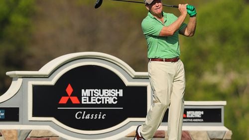 Tom Watson tees off on the 12th hole during the pro-am for the Mitsubishi Electric Classic at TPC Sugarloaf on Thursday, April 13, 2017, in Duluth.  Curtis Compton/ccompton@ajc.com