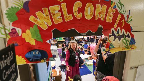 Argyle Elementary kindergarten teacher Nell Wright welcomes youngsters (and parents) to her class.