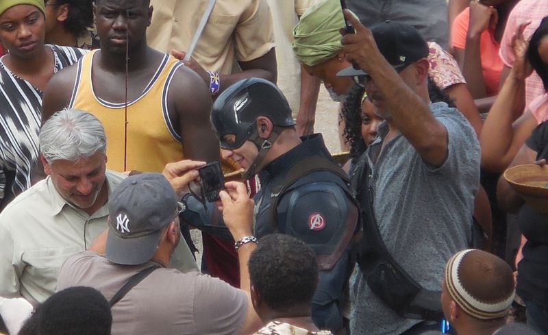 Chris Evans gets ready for a "Captain America: Civil War" scene filmed in downtown Atlanta. PHOTO: Jennifer Brett, jbrett@ajc.com