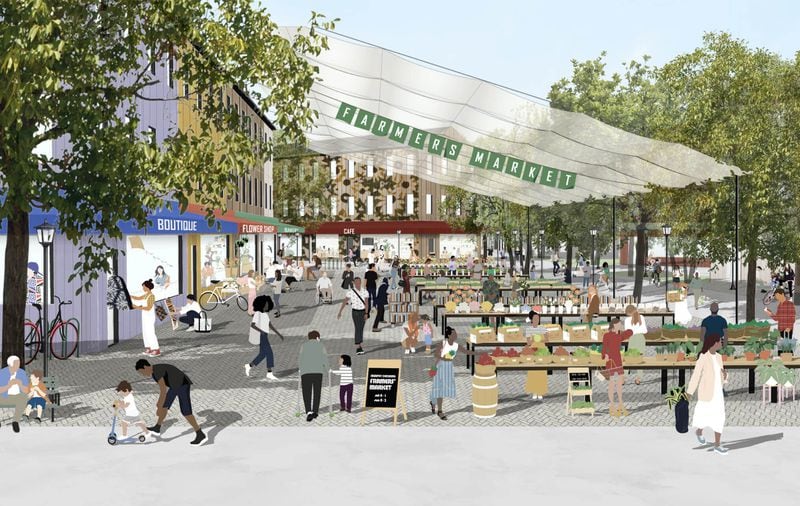 This is a rendering of the proposed market at the Murphy Crossing by Culdesac development along the Beltline's Westside Trail. The project site used to be home to the Georgia State Farmers Market.