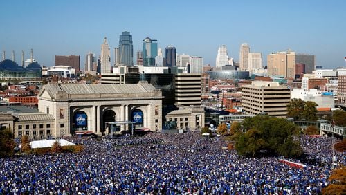 KANSAS CITY, MO - NOVEMBER 03:  A general view of crowds gathered in front of Union Station and the skyline as the Kansas City Royals players hold a rally and celebration following a parade in honor of their World Series win on November 3, 2015 in Kansas City, Missouri.  (Photo by Jamie Squire/Getty Images)