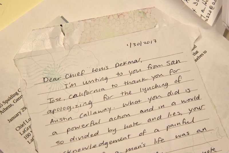People have sent letters and emails from around the world to LaGrange Police Chief Lou Dekmar after he apologized in January for his agency’s role in a 1940 lynching in Troup County. Dekmar, who has been chief for two decades, had never heard the story of Austin Callaway’s lynching until the past few years when older African American citizens helped bring it to his attention. HYOSUB SHIN / HSHIN@AJC.COM