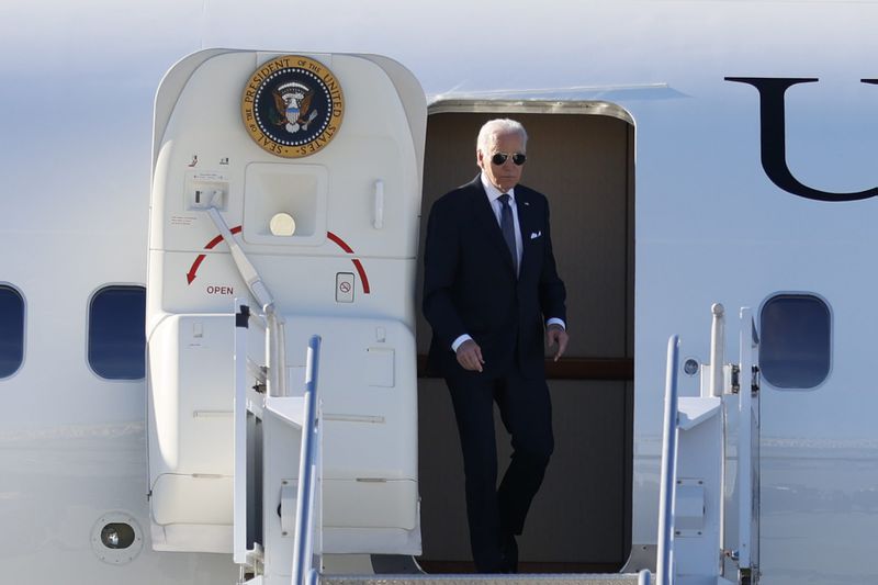 President Joe Biden arrives in Atlanta on Air Force One, where he is scheduled to deliver remarks at Ebenezer Baptist Church on Sunday, January 15, 2023. Biden is the first seated president to speak at the church on a Sunday regular service. Miguel Martinez / miguel.martinezjimenez@ajc.com