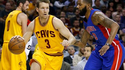 Cleveland Cavaliers’ Mike Dunleavy (3) drives around Detroit Pistons’ Marcus Morris (13) during the first half of an NBA basketball game in Cleveland. (AP Photo/Ron Schwane, File)