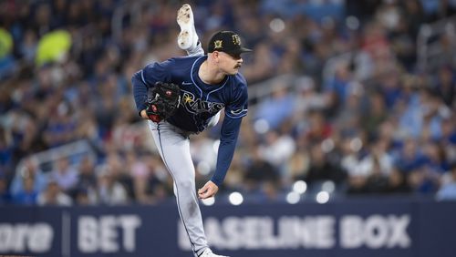 Tampa Bay Rays starting pitcher Tyler Alexander watches. a throw to a Toronto Blue Jays batter during a baseball game Friday, May 17, 2024, in Toronto. (Christopher Katsarov/The Canadian Press via AP)