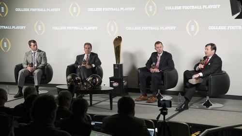 The coaches of the four teams in the college football playoff. From right: Georgia’s Kirby Smart, Oklahoma’s Lincoln Riley, Alabama’s Nick Saban and Clemson’s Dabo Swinney.