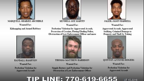 The Gwinnett County Sheriff's Office is searching for these six suspects with outstanding warrants.