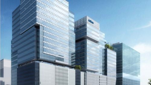 This rendering shows Portman Holdings’ planned 712 West Peachtree Street tower, left, next to its sibling building 740 West Peachtree and the Coda tower at Georgia Tech’s Technology Square. Health insurer Anthem will anchor 712 and 740 West Peachtree Street. Special to the AJC from Portman Holdings