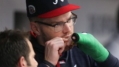 Braves slugger Freddie Freeman, whose broken wrist will keep him out of the All-Star Game, was third among leading vote-getters at first base in the initial fan voting update announced Tuesday. (Curtis Compton/AJC)