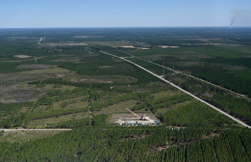 Aerial photograph shows the Twin Pines mine site with equipment stationed on Tuesday, Mar. 19, 2024, in Charlton County. The site is located less than 3 miles from the Okefenokee National Wildlife Refuge, the largest U.S. refuge east of the Mississippi River. (Hyosub Shin / Hyosub.Shin@ajc.com)