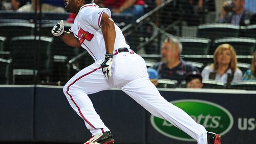 ATLANTA, GA - SEPTEMBER 30: Michael Bourn #2 of the Atlanta Braves knocks in a run with a second inning double against the Washington Nationals at Turner Field on September 30, 2015 in Atlanta, Georgia. (Photo by Scott Cunningham/Getty Images)