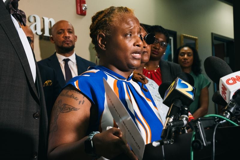 Natasha Holoman, mother of Shawndre Delmore, speaks about her son at a press conference at the Davis Bozeman Law Firm in Decatur, Georgia on Thursday, Sept. 7, 2023.  Delmore, 24, died after spending about five months at the Fulton County Jail. He was the 10th death this year in the custody of the Fulton County Sheriff's Office. (Olivia Bowdoin for the AJC). 