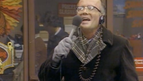 Les Nessman reports the turkey drop off that goes awry. CREDIT: CBS