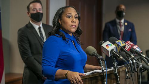 Fulton County District Attorney Fani Willis speaks during a press conference in the District Attorney’s office at the Fulton County Courthouse in downtown Atlanta, Monday, August 30, 2021. (Alyssa Pointer/Atlanta Journal Constitution)