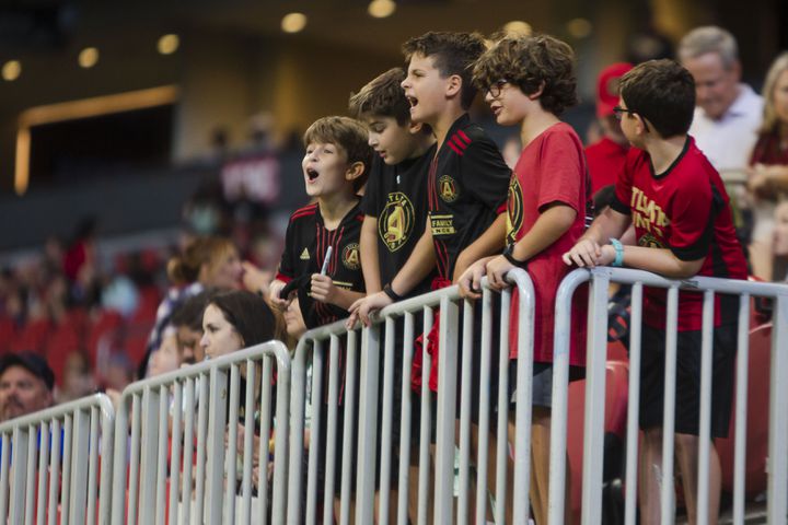 Young Atlanta United fans Tyler Frist, Reid Hollander, Dane Aronson, Carson Medowed and Zachary Tober call out to Atlanta United players for an autograph. CHRISTINA MATACOTTA FOR THE ATLANTA JOURNAL-CONSTITUTION.