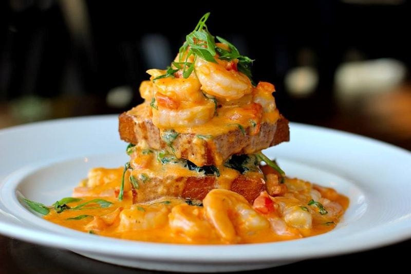 Shrimp & Grits is made with grit cakes at Marlow's Tavern. (Courtesy of Marlow’s Tavern)