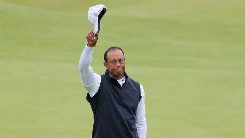 Tiger Woods of the United States reacts on the 18th green  during the second round of the 148th Open Championship held on the Dunluce Links at Royal Portrush Golf Club on July 19, 2019 in Portrush, United Kingdom. (Photo by Kevin C. Cox/Getty Images)