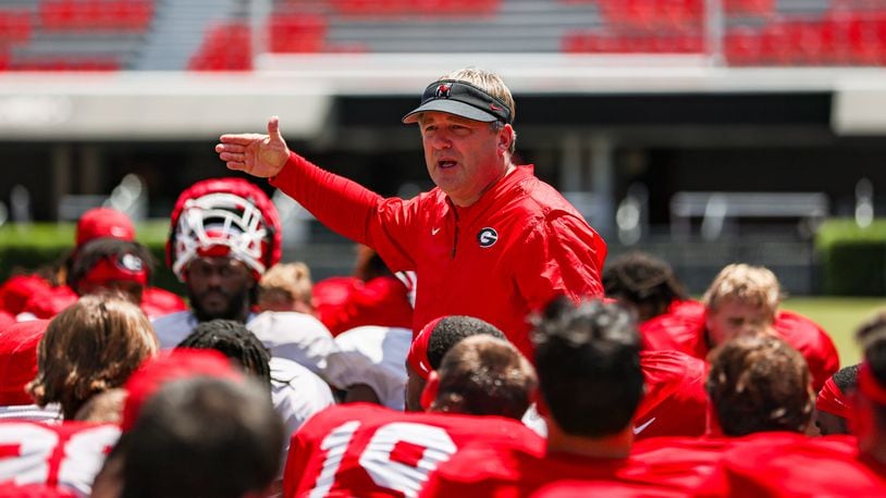 Sustained defensive effort is one of the concerns of Georgia coach Kirby Smart, who talks to his team Saturday on Dooley Field at Sanford Stadium during its first preseason scrimmage. (Photo by Tony Walsh/UGA Athletics)