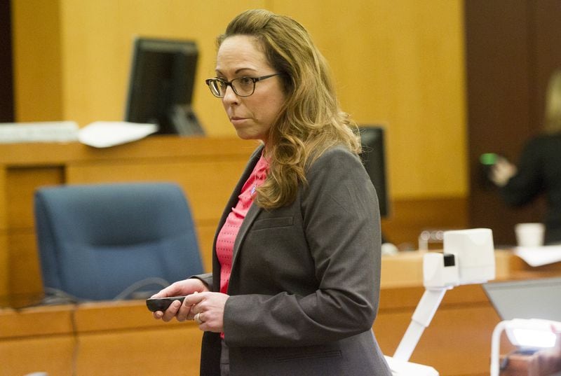 Assistant District Attorney Meighan Vargas addresses the jury during the State v. Mye Brindle, David Cohen and John Butters trial at the Fulton County Courthouse in Atlanta, Georgia, on Tuesday, April 10, 2018. (REANN HUBER/REANN.HUBER@AJC.COM)