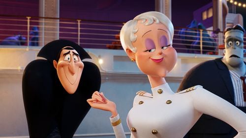 Dracula is voiced by Adam Sandler and Ericka by Kathryn Hahn in “Hotel Transylvania 3: Summer Vacation.” Contributed by Sony Pictures Animation
