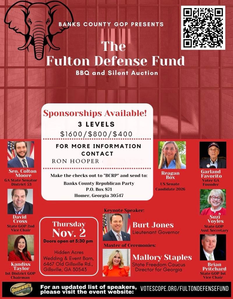 A flyer for an upcoming Banks County GOP “Fulton Defense Fund” event. 