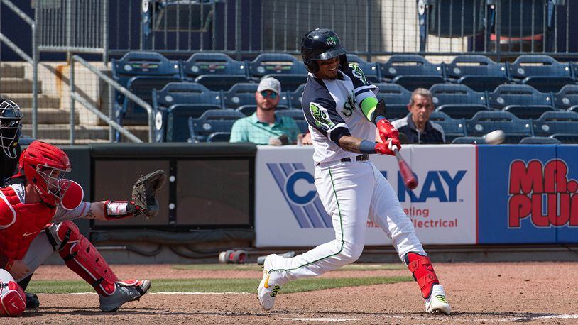 Gwinnett shortstop Orlando Arcia hits a game-winning home run Sunday, May 16, 2021, against Louisville at Coolray Field in Lawrenceville. (Bernie Connelly/Gwinnett Stripers)