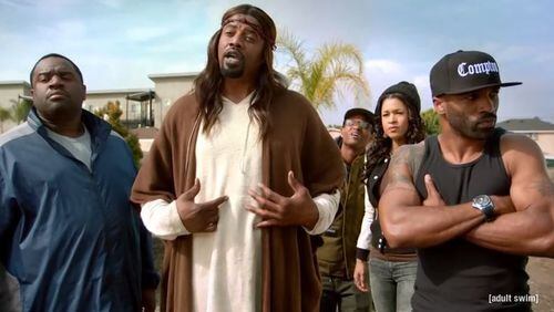 Comedian Gerald ‘Slink’ Johnson as "Black Jesus" with his Compton disciples. (Image from video trailer)