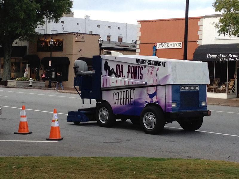 Jeff Daniels and Jim Carrey drove this Zamboni down the street along the Marietta Square during a scene in "Dumb and Dumber 2." Photo: Jennifer Brett