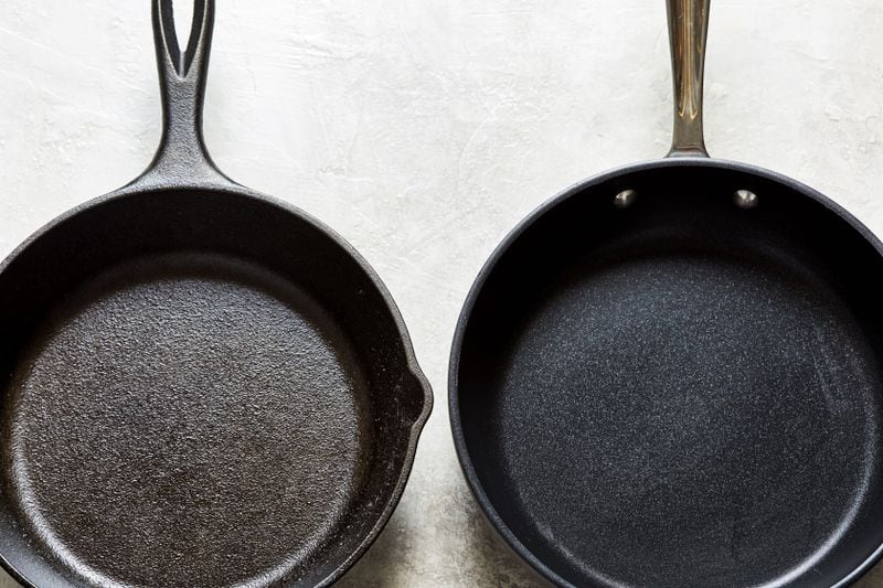 Clean a cast-iron skillet (left) after every use. (Stacy Zarin Goldberg for The Washington Post)
