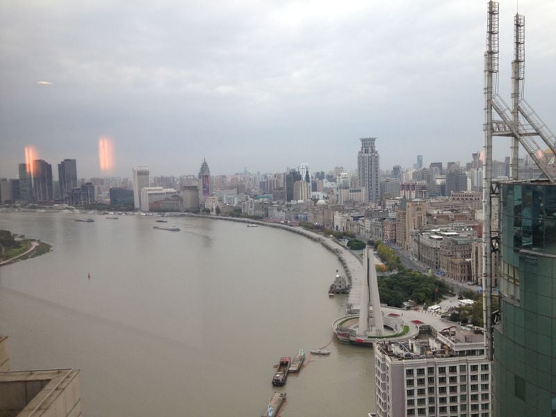 The view from my room on the 10th floor of the Hyatt on the Bund in Shanghai. Not quite the Courtyard by Marriott at the Raleigh-Durham Airport, but it did the job.