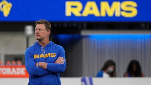Los Angeles Rams general manager Les Snead looks on before a game between the Los Angeles Rams and the Los Angeles Chargers at SoFi Stadium in Inglewood, Calif., on Saturday, Aug. 14, 2021. (Keith Birmingham, Pasadena Star-News/SCNG/The Orange County Register/TNS)