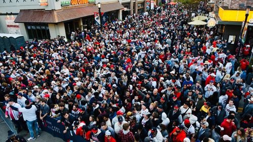 Thousands of fans pack The Battery at Truist Park on Sunday, Oct. 31, 2021, as the Braves face the Astros during Game 5 of the World Series. The Braves lead the series 3-1.