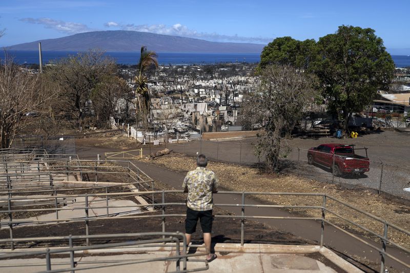 FILE - A man views homes consumed by a wildfire in Lahaina, Hawaii, Thursday, Aug. 17, 2023. The Maui Fire Department is expected to release a report Tuesday, April 16, 2024, detailing how the agency responded to a series of wildfires that burned on the island during a windstorm last August. (AP Photo/Jae C. Hong, File)