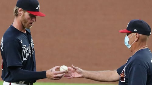 Braves manager Brian Snitker pulls pitcher Mike Foltynewicz during the fifth inning against the Miami Marlins during the inning in an exhibition game Tuesday, July 21, 2020 in Atlanta. Curtis Compton ccompton@ajc.com